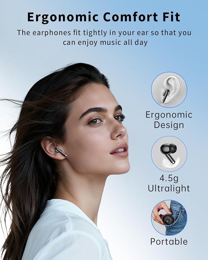 Wireless Earbuds, Bluetooth 5.4 Headphones with 50H Playback, Deep Bass Stereo Ear Buds Clear Calls with LED Power Display, IPX7 Waterproof, in-Ear Earphones with Mic for Phone/Android/iPad, Black - Image 7