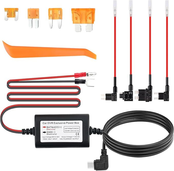 9.68Ft Dash Cam Hardwire Kit USB C,12V-30V to 5V Hardwire Kit for Dash Camera with Low Voltage Protection,Dashcam Hardwires Kits Includes 4PCS Fuse Tap & 4PCS 5A Blade Fuse by Unknown