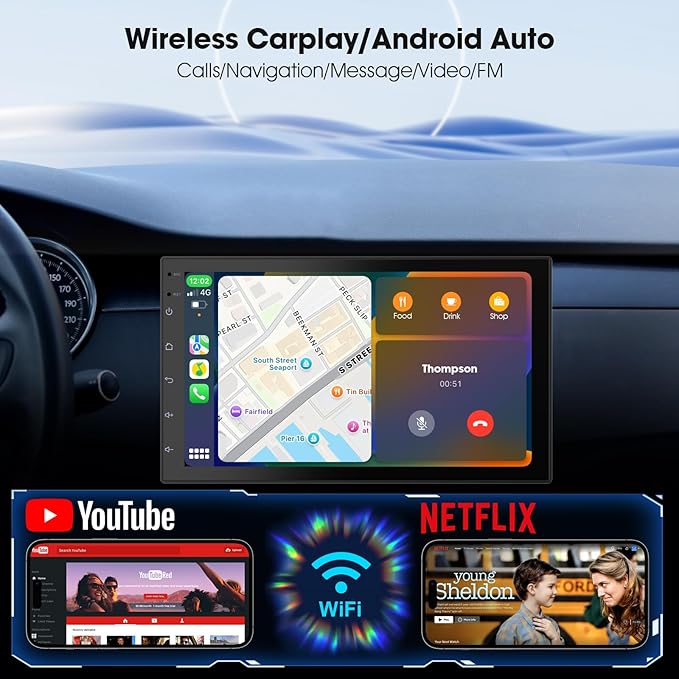 Wireless CarPlay Screen for Car & Android Auto Head Unit - Touchscreen 7 Inch Double Din Car Stereo with Backup Camera for All Cars (2+32GB) - Image 2