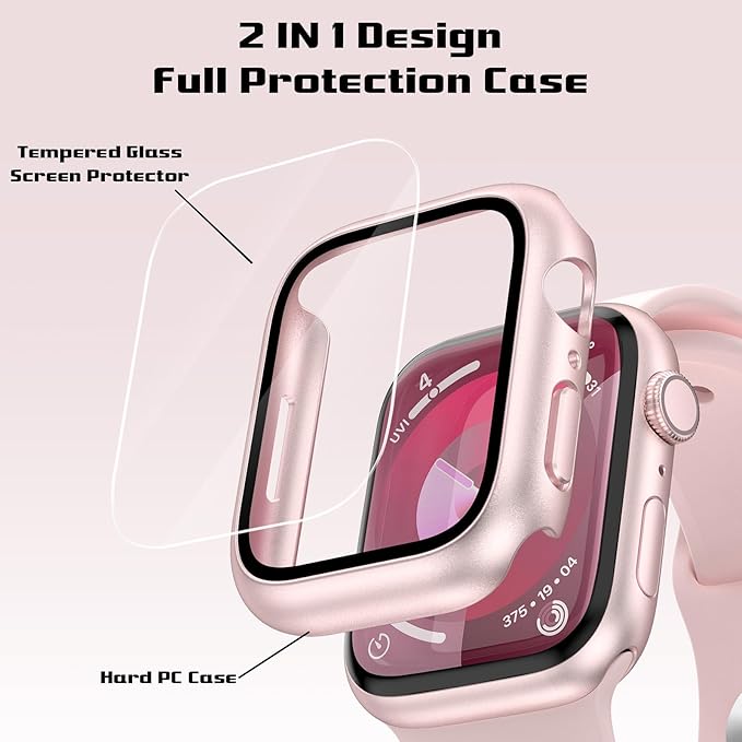 2 Pack Hard Case for Apple Watch Series 9 Series 8/7 45mm Screen Protector, Tempered Glass Bumper Anti-Scratch HD Ultra-Thin Protective Face Cover for iWatch Series 9/8/7 45mm, Original Pink - Image 2