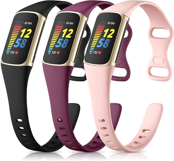 Maledan Compatible with Fitbit Charge 5 Bands Women Men, Soft Silicone Breathable Sport Replacement Accessories Slim Strap for Fitbit Charge 5/6 Advanced Fitness Tracker, 3 Pack Black/Pink/Winered by Maledan