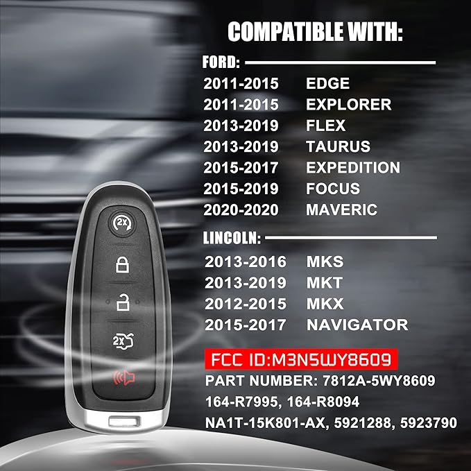 Replacement Car Remote Key Fob Fits for Ford 2011-2015 Edge Explorer 2013-2019 Flex Taurus Focus Lincoln MKT MKX MKS Navigator M3N5WY8609 Keyless Entry Remote Start Control - Image 2