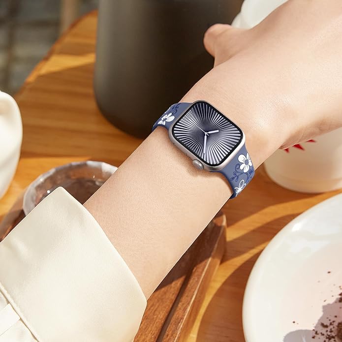 Witzon Floral Band Compatible with Apple Watch Bands For Women 40mm 41mm 38mm 42mm 44mm 45mm 46mm 49mm, Engraved Cute Flower Silicone Dressy Strap for iWatch Series 11 10 9 8 7 6 5 4 3 2 SE Ultra - Image 6