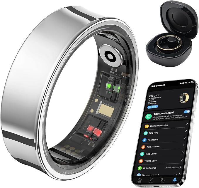 Smart Ring for Women Men, Fitness Tracker Ring with Body Temperature, Blood Oxygen, Sleep Monitor, Heart Rate, Calories, No Subscription Fee, IP68 Waterproof for iPhone & Android (Silver, #9) by AMOVAN