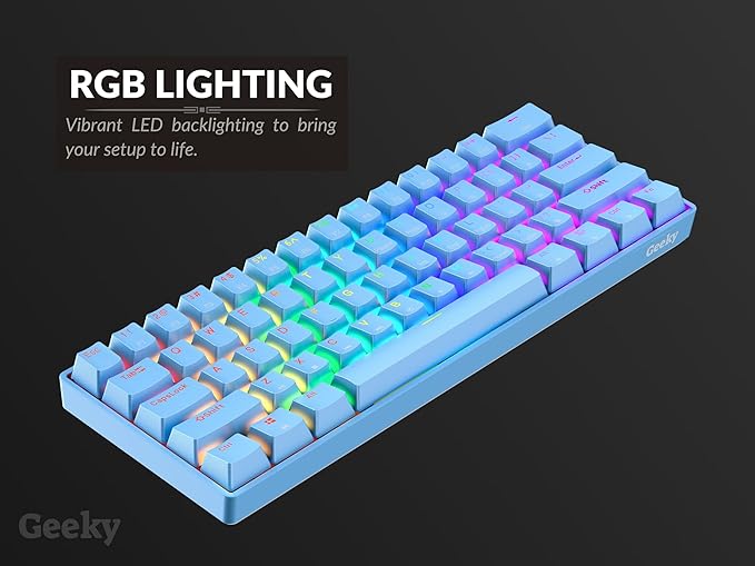 Geeky GK61 SE 60% | Mechanical Gaming Keyboard | 61 Keys Multi Color RGB LED Backlit for PC/Mac Gamer | ANSI US American Layout (Blue, Mechanical Red) - Image 8
