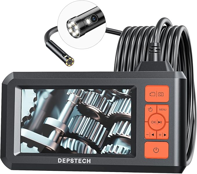 DEPSTECH Dual Lens Industrial Endoscope, 1080P Digital Borescope Inspection Camera, 7.9mm IP67 Waterproof, Sewer Camera with 4.3" LCD Screen, 7 LED Lights, 16.5FT Semi-Rigid Cable, 32GB Card - Orange by DEPSTECH