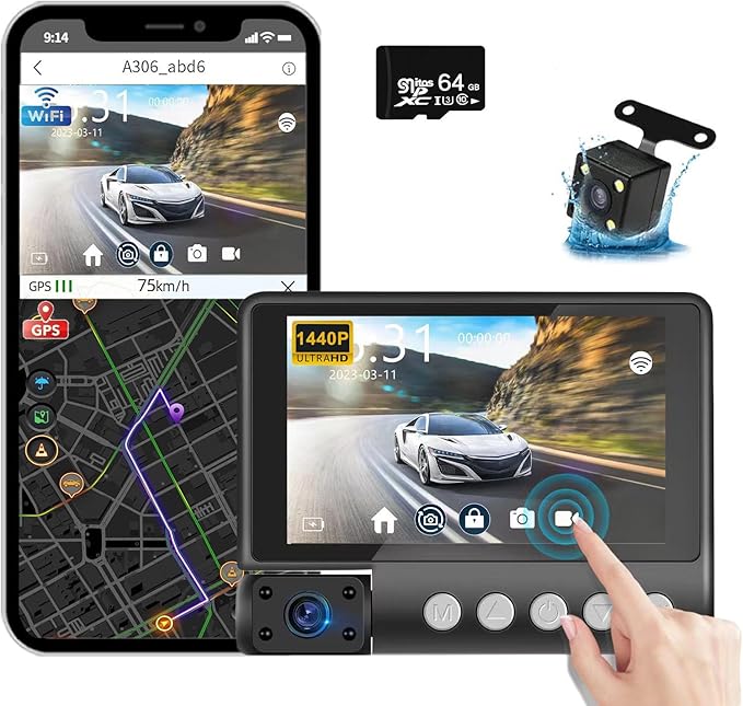D89 Dash Cam,4" Touch Screen,1080P Front and Rear Interior Lens,IR Night Vision,WiFi App Control, GPS 24H Parking Mode G-Sensor Loop Recording Car DVR with 64G SD Card by LASNYFEI