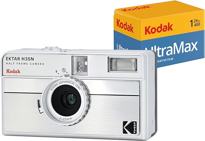 Kodak EKTAR H35N Half Frame Film Camera Bundle with Kodak Ultramax 400/24EXP 35mm Roll Film (Striped Silver, Bundle) by Kodak