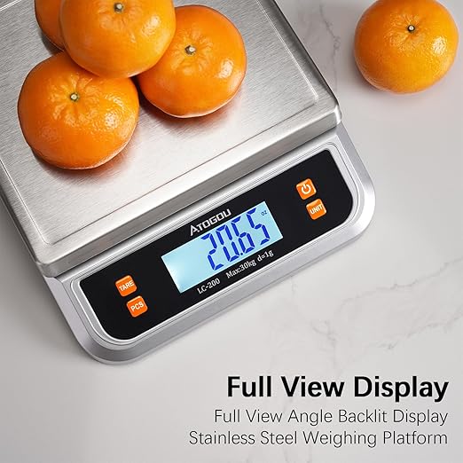 ATOGOU 66lb Food Scale, Commercial Kitchen Scale Plug-in Usable with Full View LCD Display, Stainless Steel, for Baking, Bread, Cooking, Meat, Vegetables, Farm, Industry LC200 Silver - Image 3