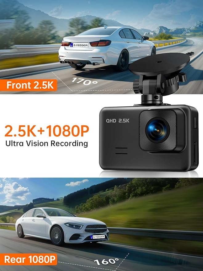 Dash Cam Front and Rear, 2.5K+1080P Dual Dash Camera for Cars, 2’’ Display Mini Car Camera, G-Sensor Dashcam, Night Vision with E-YEEGER 11.5ft Type-C Dash Cam Hardwire Kit (V5F), 12V-24V to5V 3A Car - Image 4