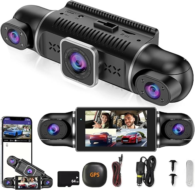 Front and Rear Dash Camera, 1080P Full HD Front&Rear Dash Cam, Built-in Wireless Wi-Fi, HD Night Vision Dual Video Recording, Motion Detection (Upgraded Triple Cameras) by Unknown