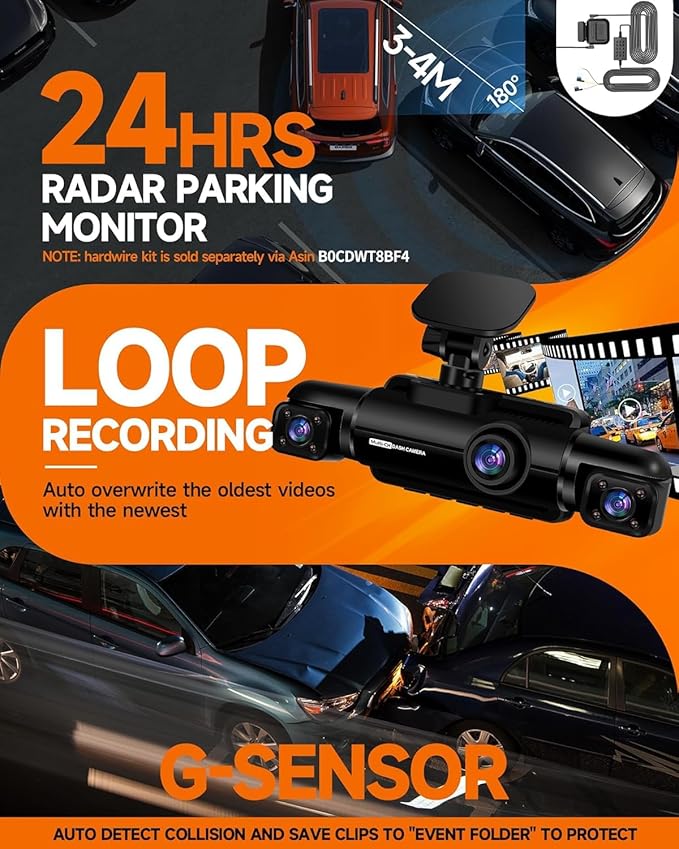 Neideso 360° Dash Cam Front and Rear Inside, 4 Channel FHD 4 * 1080P, Wi-Fi GPS Voice Control Car Camera, Front 2K+1080P*2 Dash Camera for Cars, with 64GB SD Card, Night Vision, 24H Parking Mode(N300) - Image 4