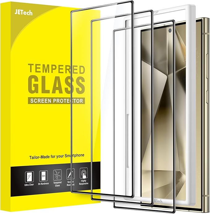 JETech Full Coverage Screen Protector for Samsung Galaxy S24 Ultra 5G 6.8-Inch, Tempered Glass Film with Easy Installation Tool, Fingerprint ID Compatible, HD Clear, 3-Pack by JETech