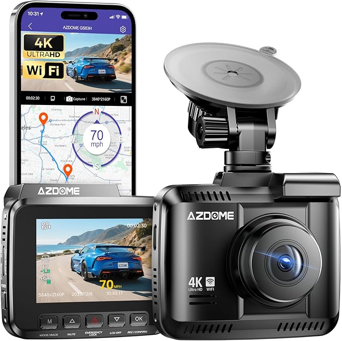 AZDOME GS63H 4K Dash Cam Built-in WiFi 6 GPS Car Dashboard Camera Recorder with STARVIS Night Vision, UHD 2160P, 150° Wide Angle, WDR, G-Sensor, Loop Recording, 24H Parking Mode by AZDOME