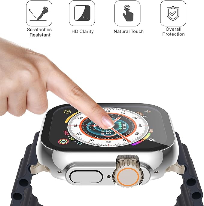 Misxi 2 Pack Hard PC Case with Tempered Glass Screen Protector Compatible with 49mm Apple Watch Ultra 3 (2025) / Ultra 2 / Ultra, Scratch Resistant Full Coverage Cover for iWatch, 1 Silver + 1 Transparent - Image 3