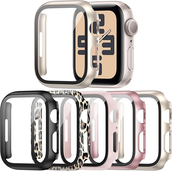 5 Pack Hard PC Case with Tempered Glass Screen Protector for Apple Watch 44mm SE(2023) (2nd Gen) Series 6 5 4 SE, Scratch Resistant Bumper Protective Cover for iWatch 44mm Accessories by Haojavo