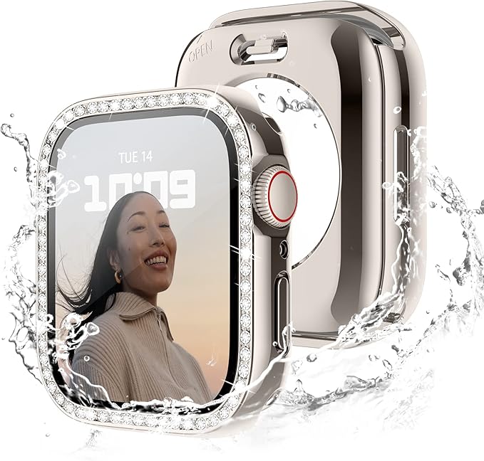 [2 in 1] Waterproof Bling Case Compatible for Apple Watch 40mm Series 6/5/4/SE with Tempered Glass Screen Protector, Women Glitter Diamond Rhinestone Bumper 360 Protective Hard PC Cover for iWatch by Recoppa