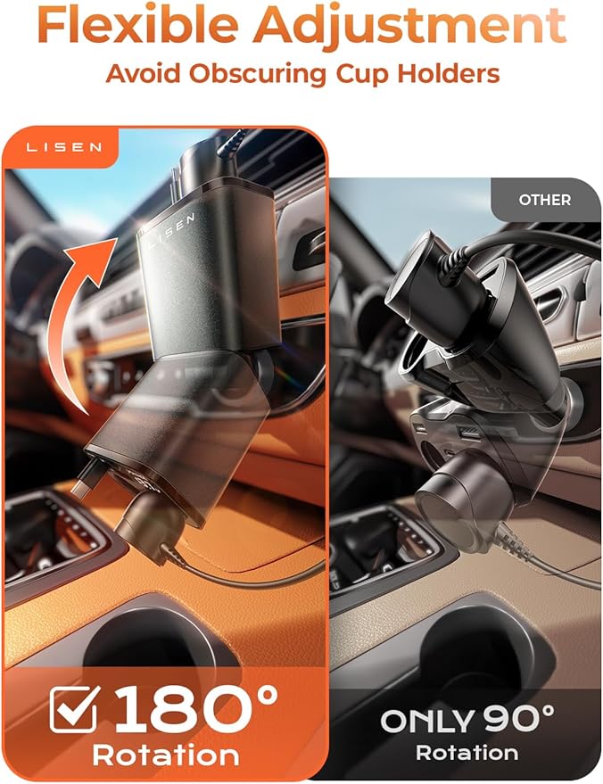 LISEN Car Cigarette Lighter Splitter, Metal 90W Dual Cigarette Lighter Adapter Metal with PD30W Retractable Car Charger, LED Voltage12V/24V Car Charger Splitter for iPhone 16, GPS, DashCam - Image 4