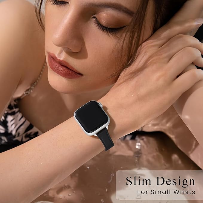 STIROLL Slim Leather Bands Compatible with Apple Watch Band 49mm 46mm 45mm 44mm 42mm(Series 3 2 1), Top Grain Leather Watch Thin Wristband for iWatch Ultra SE Series 11 10 9 8 7 6 5 4(Black Silver) - Image 2
