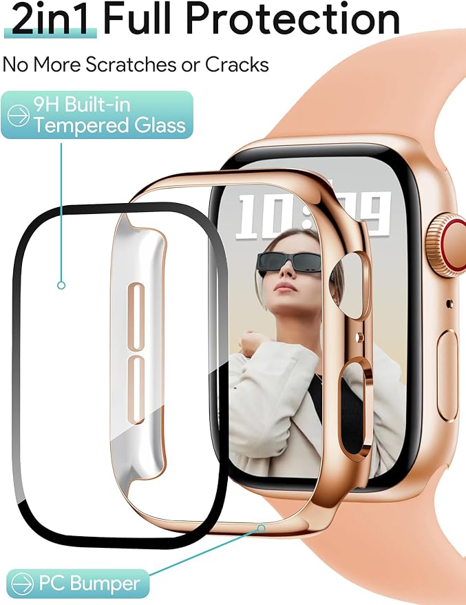 JR.DM 44mm 2 Pack Hard PC Case with HD Tempered Glass Screen Protector for Apple Watch Series 6/5/4/SE/SE2/SE3, Guard Bumper Full Protective Anti-Scratch Face Cover for iWatch, Glossy Rose Gold+Clear - Image 3