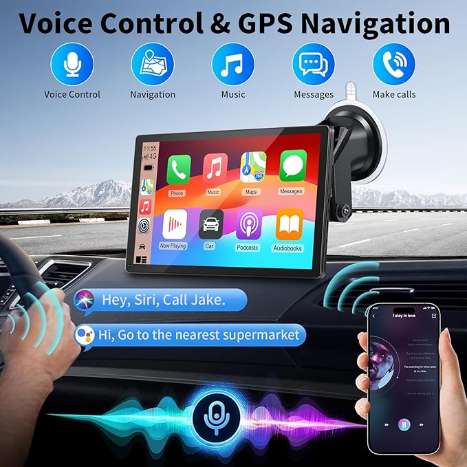 CarPlay Screen for Car, 9'' Wireless CarPlay & Android Auto - Smart Portable Touchscreen with Bluetooth/FM, Mirror Link, Voice Control, GPS Navigation, Plug & Play Car Play Screen, Gold - Image 3