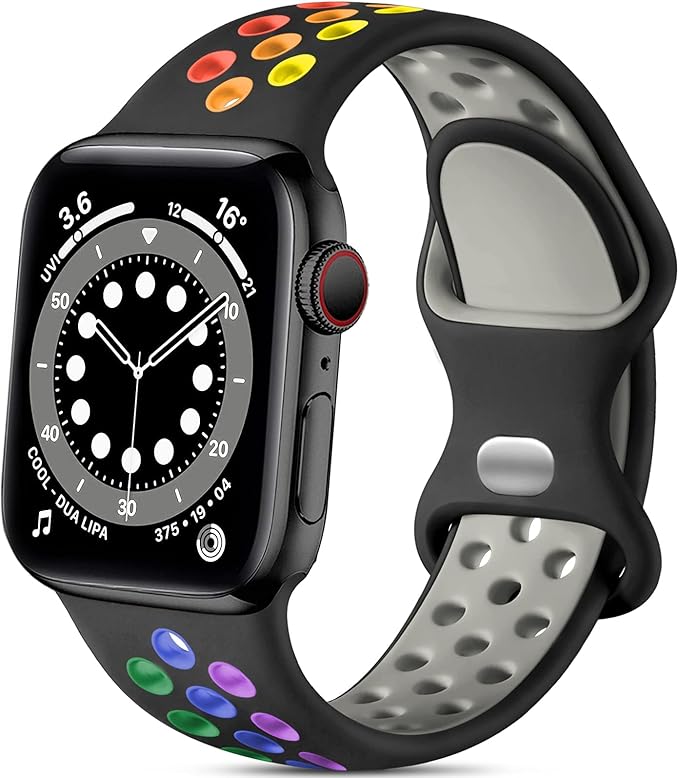 Lerobo Compatible for Apple Watch Band 45mm 44mm 11 10 46mm 42mm 49mm Ultra 3 2,Soft Silicone Sport Bands Wristband Replacement Strap for iWatch SE Series 9 8 7 6 5 4 3 2 1 Women Men,Black/Rainbow,M/L - Image 9