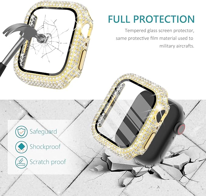 Surace 41mm Case Compatible with Apple Watch Series 9 Series 8 Series 7, 400 Diamonds with Screen Protector Bling Case Tempered Glass Protective Cover for Apple Watch 9 8 7 41mm, Gold - Image 3