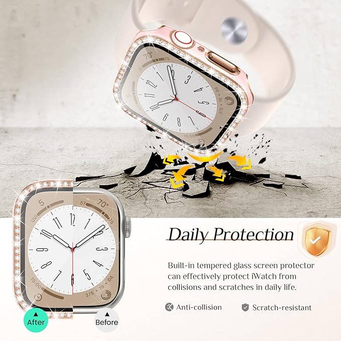 Goton 2-Pack Bling Case for Apple Watch Series 9 8 7 Screen Protector 45mm, Women Diamond Rhinestone Bumper Glass Face Cover for iWatch Accessories 45 mm - Image 4