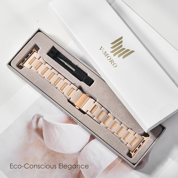 V-MORO Resin Band Compatible with Apple Watch 42mm 41mm 40mm 38mm,Fashion Lightweight Bracelet with Polished Rose Gold Stainless Steel Inlay for iWatch Series 11/10/9/8/7/6/5/4/3/2/1/SE,Oatmeal - Image 8