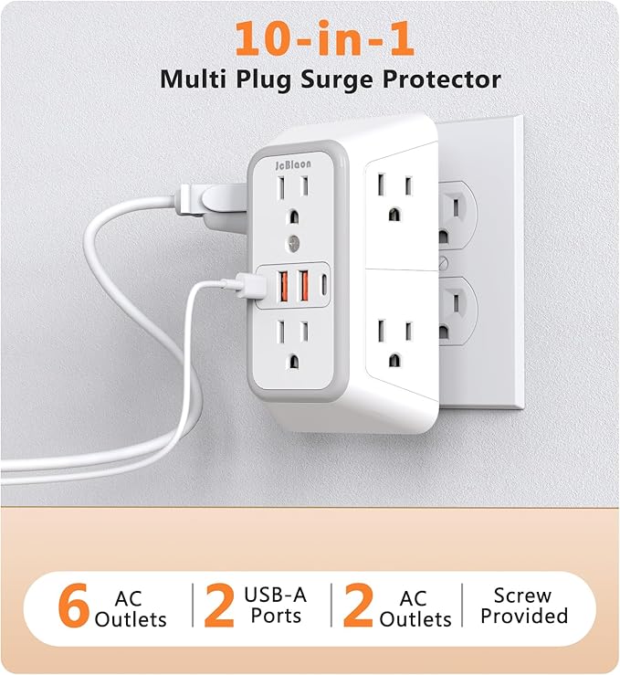 USB Wall Charger Power Strip Surge Protector with 4 USB Ports (2 USB C) Plug Extension Multiple Outlets Plug Extension Multi Outlet Plug in Adapter Spaced Outlets for Home Office Travel,White (White) - Image 2