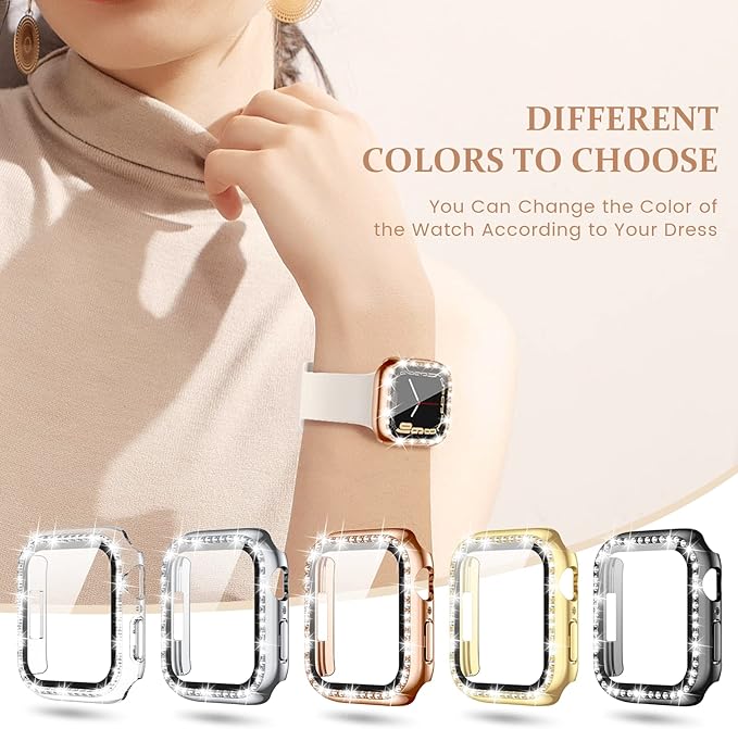 Goton 2-Pack Bling Case for Apple Watch Series 9 8 7 Screen Protector 45mm, Women Diamond Rhinestone Bumper Glass Face Cover for iWatch Accessories 45 mm - Image 8