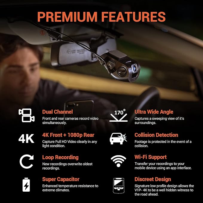 RexingUSA V1P 4K Dual Channel Dash Cam 4K+1080p w/Wi-Fi, 2.4” LCD, 170° Wide Angle, Rear Camera, Supercapacitor, G-Sensor, WDR, Loop Recording, Mobile App - Image 2