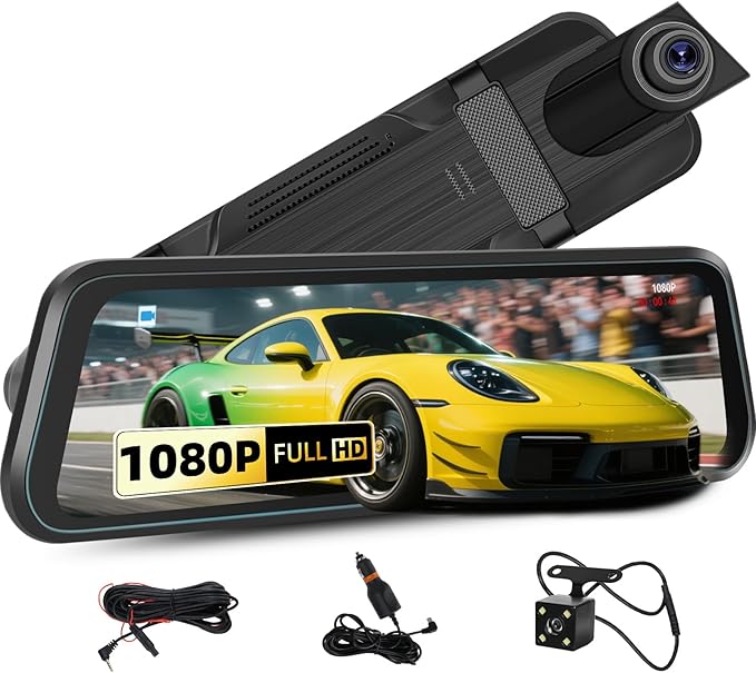 9.66" Mirror Dash Cam,1080P Touchscreen Rear View Mirror Front and Rear View Dual Cameras,Super Night Vision,G-Sensor,Loop Recording,Parking Assistance,24H Parking Monitor,HD Waterproof Backup Camera by AMprimeCarStereoRadio