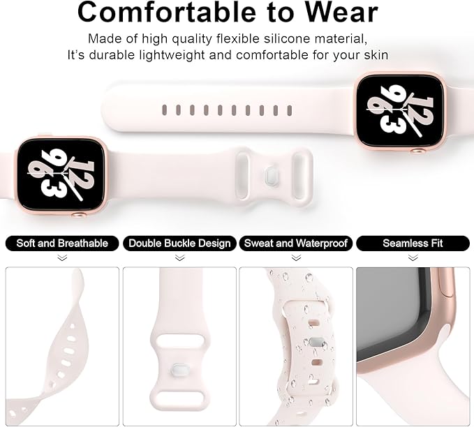 Sport Band Compatible with Apple Watch 38mm 40mm 41mm 42mm 44mm 45mm 46mm 49mm, Replacement Soft Silicone Strap Wristbands for iWatch Series 11/10/9/8/7/6/5/4/3/2/1 Ultra SE Women Men, Light Blush - Image 3