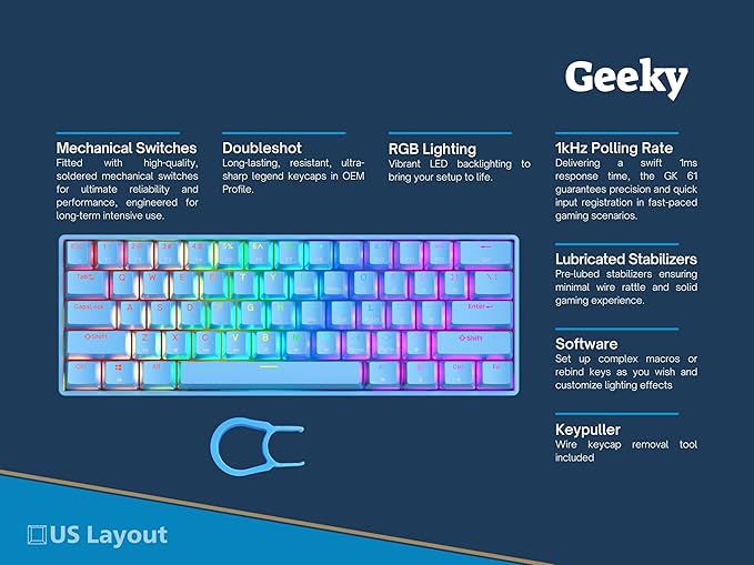 Geeky GK61 SE 60% | Mechanical Gaming Keyboard | 61 Keys Multi Color RGB LED Backlit for PC/Mac Gamer | ANSI US American Layout (Blue, Mechanical Red) - Image 2