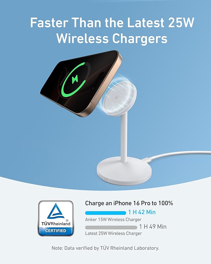 Anker MagGo iPhone 17 MagSafe Charger Compatible Stand, 15W Fast Magnetic Wireless Charging Station, Qi2 Certified 360° Wireless Charger (White, with Cable & Adapter) - Image 2