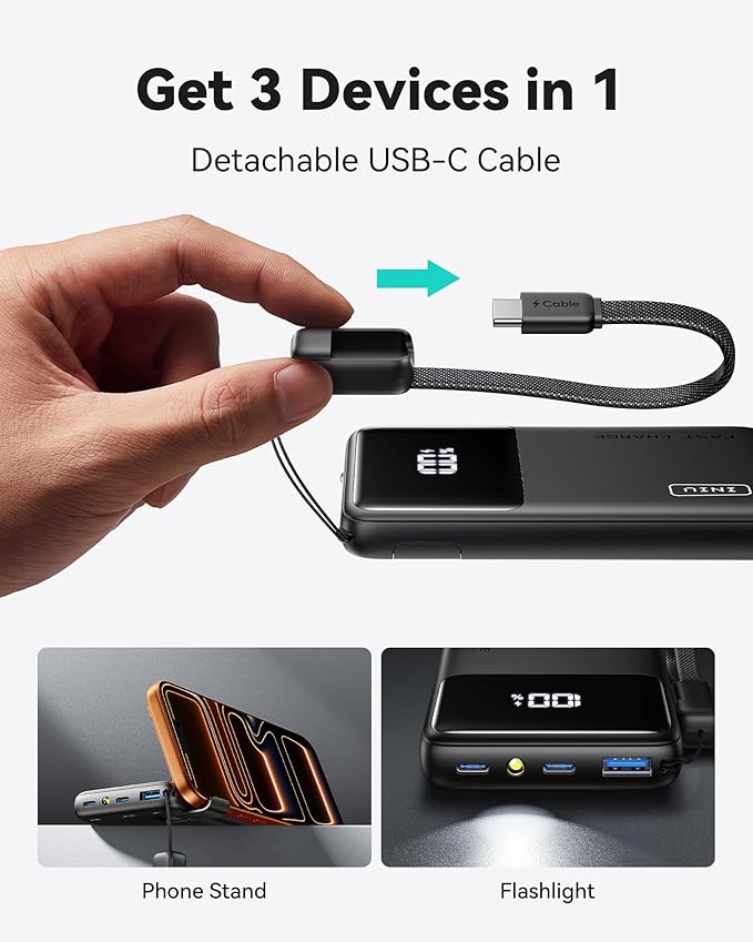 INIU Small Portable Charger, 45W PD Fast Charging 10000mAh Power Bank, Battery Pack with Attached USB C Cable, Travel Essentials Powerbank for iPhone 17 16 15 14 Pro Air, Xiaomi, Samsung S25 S24 etc - Image 4