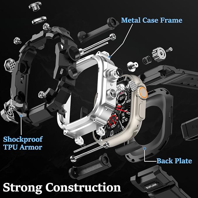 SUPLINK Rugged Case with Band for Apple Watch Ulltra 3 Band/ 1/ Ultra 2, Compatible with 49mm Apple Watch Bands Men, Protective Bumper Cover Screen Protector Kit for iWatch Bands (Silver) - Image 3