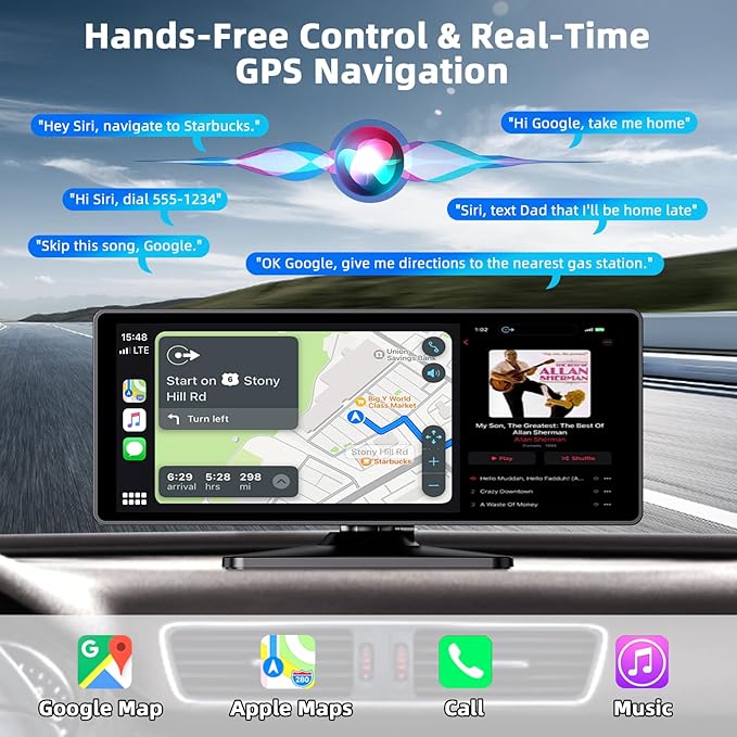 10.26 Inch Carplay Screen for Car, Portable CarPlay Screen with Wireless Carplay & Android Auto, 4K Dash Cam/1080P Backup Camera/GPS Navigation/Mirror Link/Bluetooth, Car Touch Screen with 64GB TF - Image 4