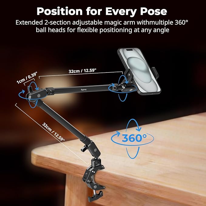 SmallRig 25.9" Magic Arm with Super Clamp, Overhead Phone Mount, Flexible Desk Camera Mount with 1/4" Screw and Cable Clip, Max Load 2.2lb, for iPhone, Action Camera, Video Light, Webcam, Mic - 5625 - Image 4