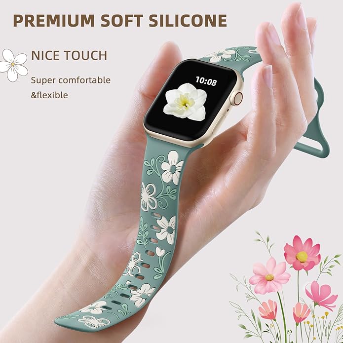 Witzon Floral Band Compatible with Apple Watch Bands For Women 40mm 41mm 38mm 42mm 44mm 45mm 46mm 49mm, Engraved Cute Flower Silicone Dressy Strap for iWatch Series 11 10 9 8 7 6 5 4 3 2 SE Ultra - Image 4