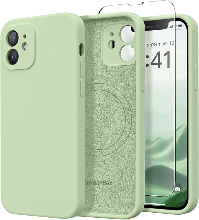 Magnetic for iPhone 12 Case, Compatible with MagSafe, [Full Camera Protection][Screen Protector] Silicone Shockproof Protective Phone Case for iPhone 12 6.1", Matcha by SUYDANBOX