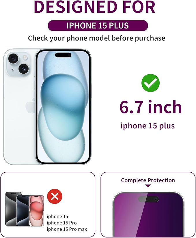 2 Pack Privacy Screen Protector for iPhone 15 Plus Tempered Glass 6.7inch Private Glass Anti-Spy Anti-Blue Light Eye Protection Anti-Scratch Full Coverage No Bubble - Image 2