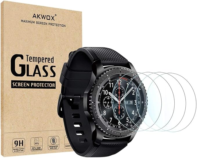 ONLY Compatible with SAMSUNG GEAR S3 FRONTIER/CLASSIC Smartwatch 46MM Tempered Glass Screen Protector (4-Pack),[0.3mm 2.5D High Definition 9H] For Screen Protection by AKWOX