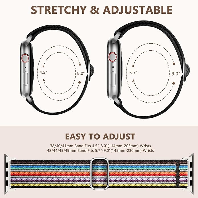 Braided Stretchy Band Compatible with Apple Watch Bands 38mm 40mm 41mm 42mm 44mm 45mm 46mm 49mm for Women Men, Adjustable Nylon Solo Loop Elastic Straps for iWatch Series 10 9 8 7 6 5 4 3 2 1 SE Ultra - Image 7