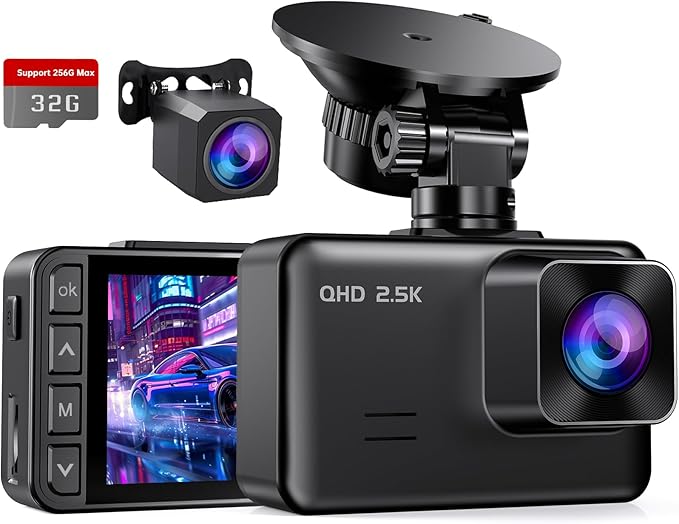 Dash Cam Front and Rear, 2.5K+1080P Dual Dash Camera for Cars, 2’’ Display Mini Car Camera, G-Sensor Dashcam, Night Vision with E-YEEGER 11.5ft Type-C Dash Cam Hardwire Kit (V5F), 12V-24V to5V 3A Car - Image 2