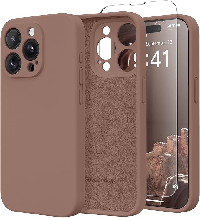 Magnetic for iPhone 15 Pro Max Case, Compatible with MagSafe, [Full Camera Protection][Screen Protector] Silicone Shockproof Protective Phone Case for iPhone 15 Pro Max 6.7", Brown by SUYDANBOX