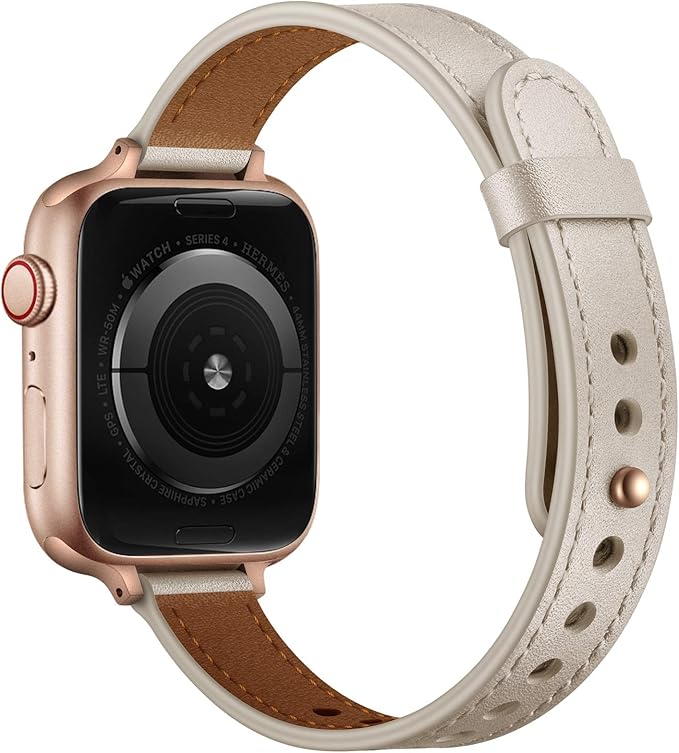 OUHENG Slim Bands Compatible with Apple Watch Band 46mm/49mm/45mm/44mm/42mm, Women Genuine Leather Thin Strap for iWatch Ultra 3/2/1, SE 3/2/1, Series 11 10 9 8 7 6 5 4 3 2 1 (Ivory White/Rose Gold) - Image 2