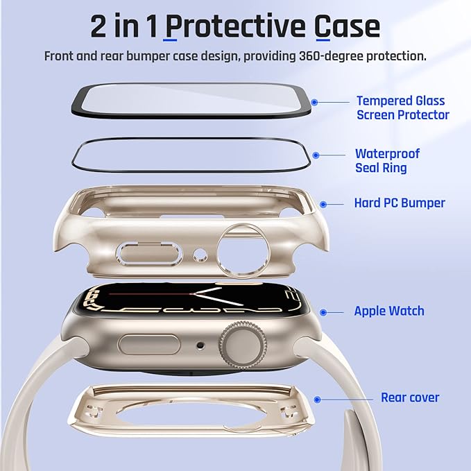 Goton 2 in 1 Waterproof Case for Apple Watch Series 9 8 7 Screen Protector 41mm, 360 Protective Glass Face Cover Hard PC Bumper + Back Frame for iWatch Accessories 41 mm - Image 8