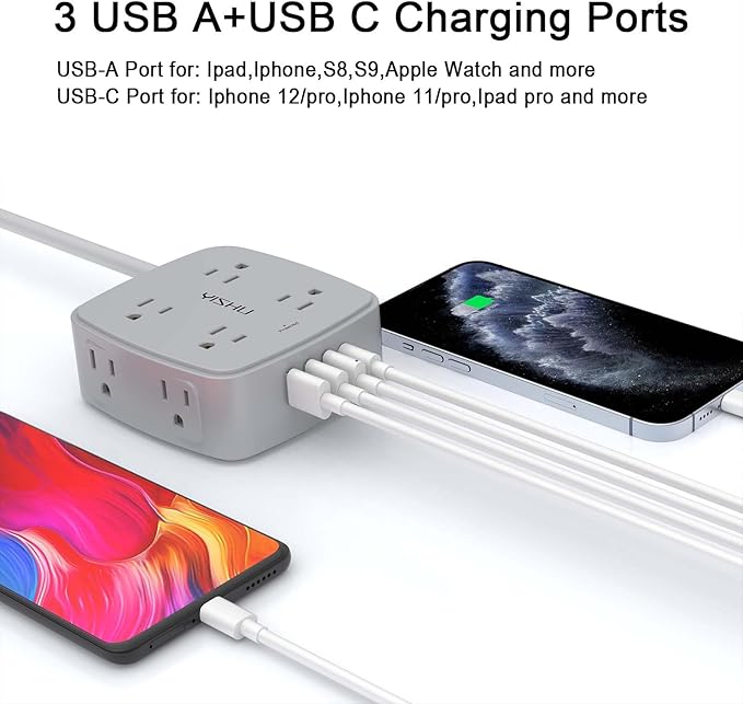 10 Ft Surge Protector Power Strip - 8 Widely Outlets with 4 USB Ports, 3 Side Outlet Extender with 10 Feet Extension Cord, Flat Plug, Wall Mount, Desk USB Charging Station, ETL, Grey - Image 3